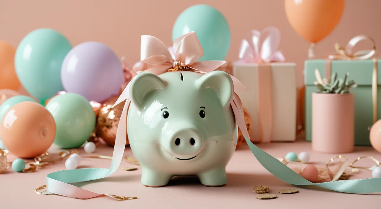 A ceramic piggy bank surrounded by pastel party decorations