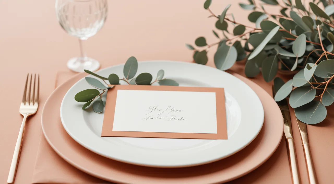 An elegant place setting with a handwritten-style invitation card