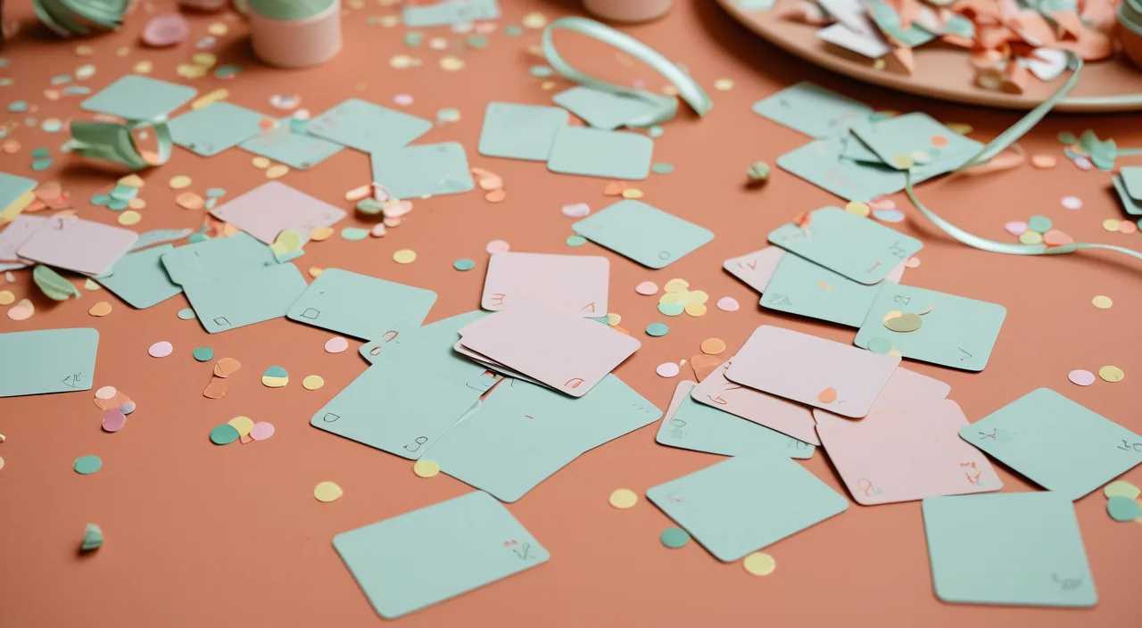 Pastel confetti and small game cards scattered on a party table