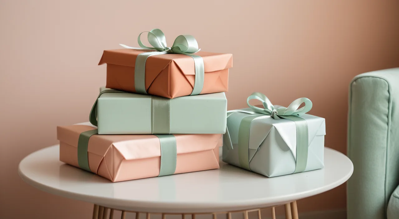 A stack of pastel wrapped gifts with ribbon on a side table