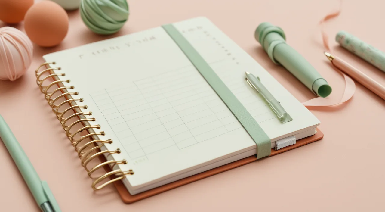 An open planner notebook with a pen beside pastel decorations
