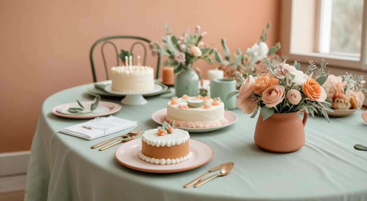 A pastel baby-shower table with flowers, cake and soft daylight