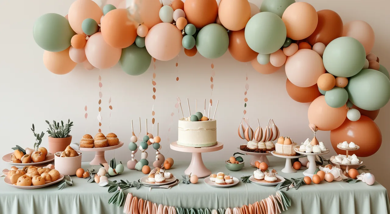 A pastel balloon garland over a softly decorated dessert table