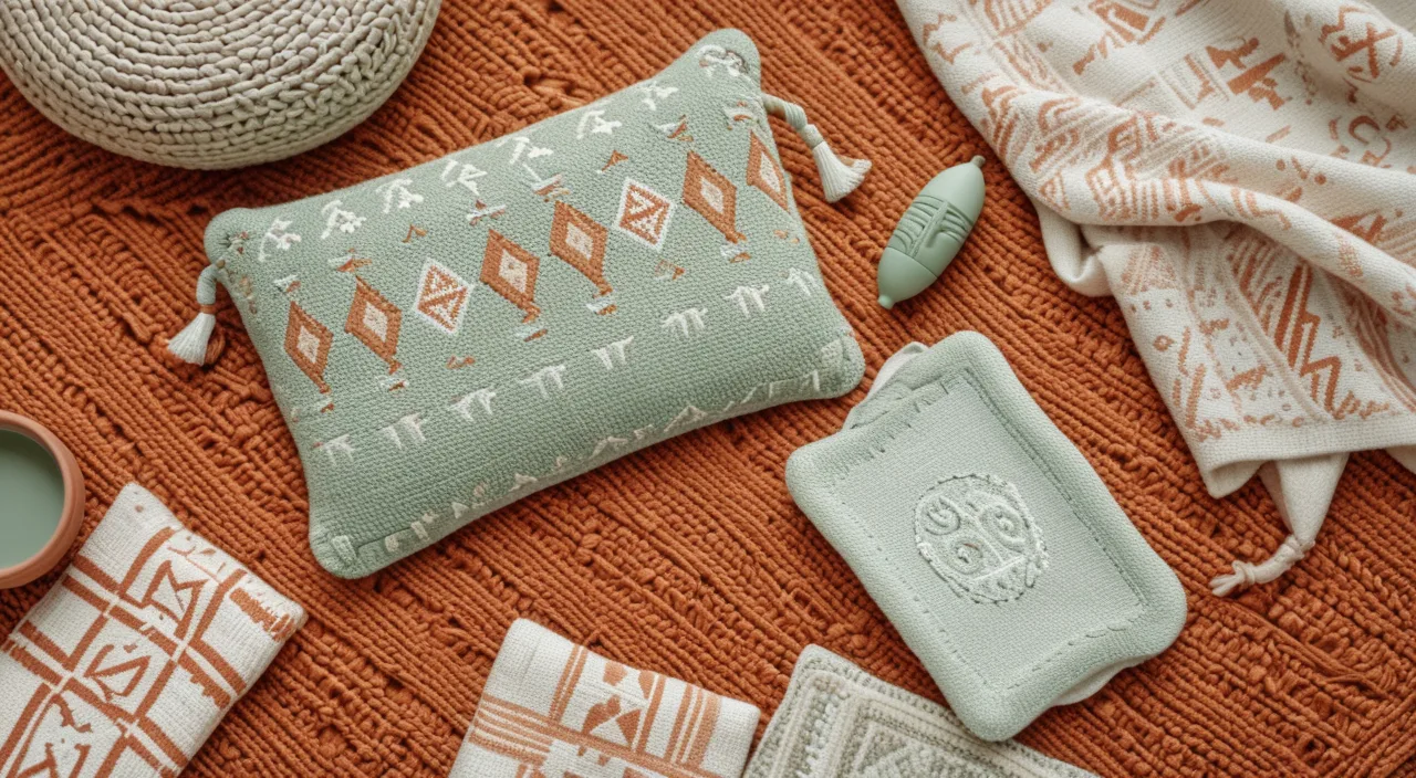 A flatlay of baby items on woven textiles from around the world