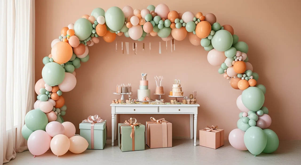A pastel balloon arch over a bright celebration corner