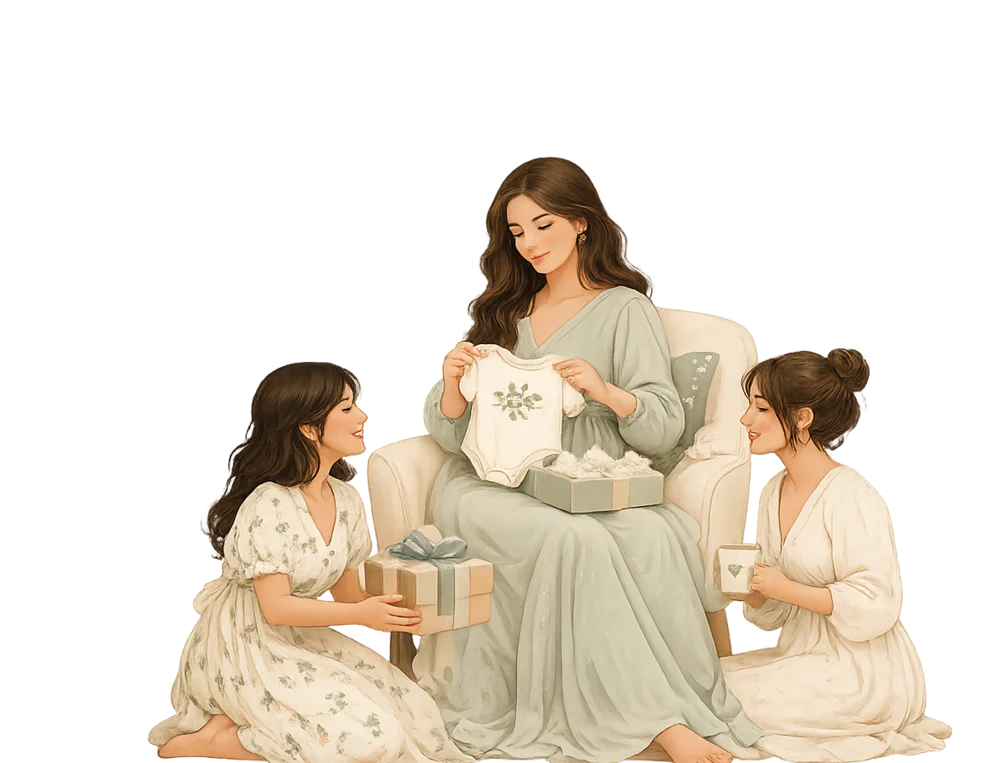 A mom-to-be opening gifts with friends at a baby shower
